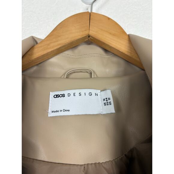 ASOS DESIGN Tan Faux Leather Trench Coat Size 12 Long Preppy Chic Minimalist - Picture 6 of 15